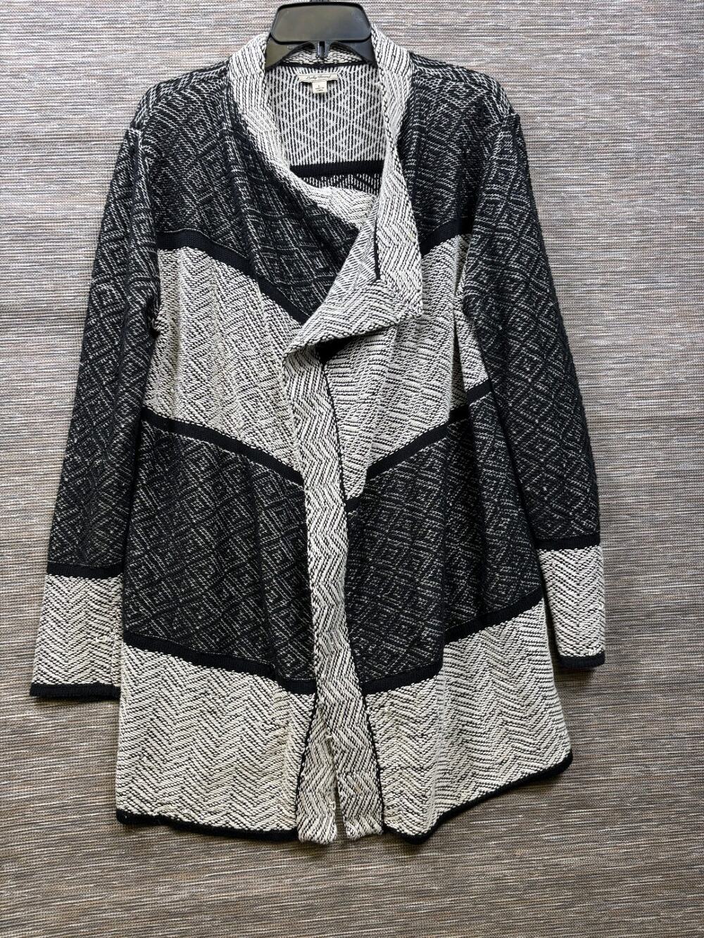 Lucky Brand Drape Herringbone Sweater Jacket Womens Size L Black White Cotton